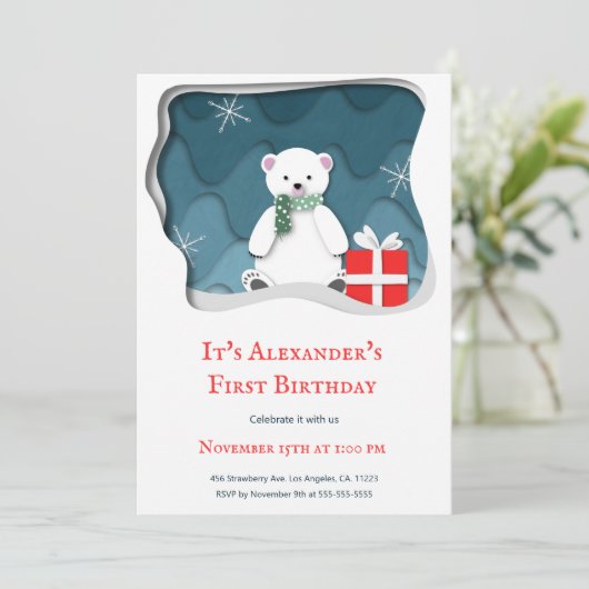赤いプレゼントの小さな北極クマの1歳の誕生日 招待状 (スタンド正面)