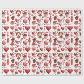 赤いプレゼントの贈り物、ハート、スイーツと子供 ラッピングペーパー (フラット)