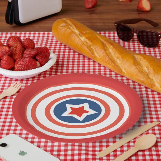 赤いプレート（白い円の線と中心の星） ペーパープレート (ピクニック)