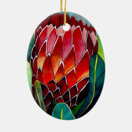 赤いプロテアの花の元の水彩画の芸術 セラミックオーナメント (裏面)