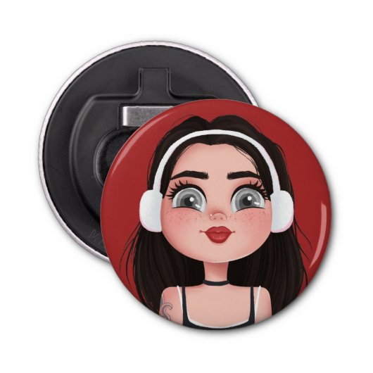 赤いヘッドフォンを着た漫画の少女 栓抜き (正面)