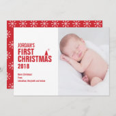 赤いベビーの初めてのクリスマスの写真カード シーズンカード (正面/裏面)