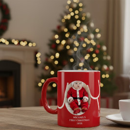 赤いベビーの最初のクリスマスフォトマグカップ ジャンボコーヒーマグカップ