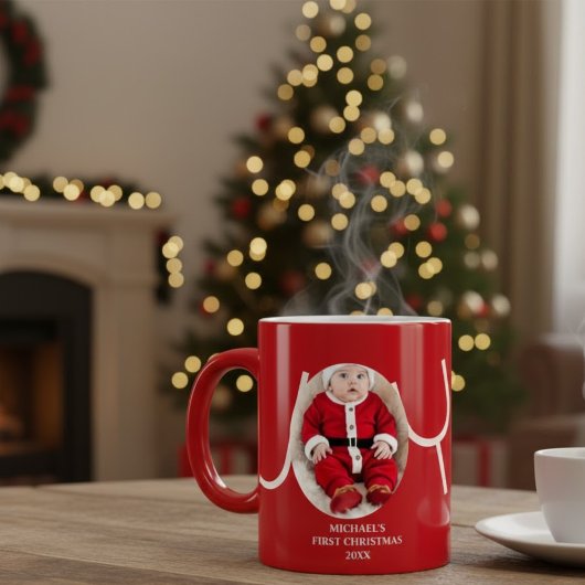 赤いベビーの最初のクリスマスフォトマグカップ ジャンボコーヒーマグカップ