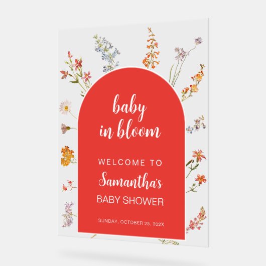 赤いベビーの開花ガールシャワーウェルカムワイルドフラワー アクリルサイン (傾斜)