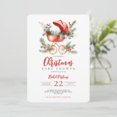  赤いベビーカーの水彩クリスマスベイビーシャワー 招待状 (スタンド正面)