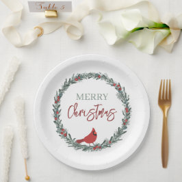 赤いベリーのリースと赤いカーディナルのクリスマス ペーパープレート