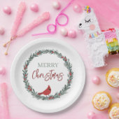 赤いベリーのリースと赤いカーディナルのクリスマス ペーパープレート (パーティー)