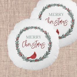 赤いベリーのリースと赤いカーディナルのクリスマス ラウンドクッション