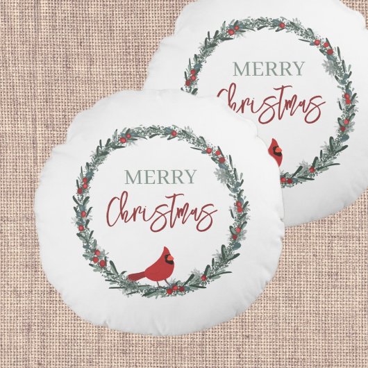 赤いベリーのリースと赤いカーディナルのクリスマス ラウンドクッション