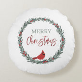 赤いベリーのリースと赤いカーディナルのクリスマス ラウンドクッション (正面)