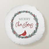 赤いベリーのリースと赤いカーディナルのクリスマス ラウンドクッション (裏面)