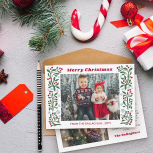 赤いベリーの小枝の雪の結晶フレーム メリークリスマス シーズンカード