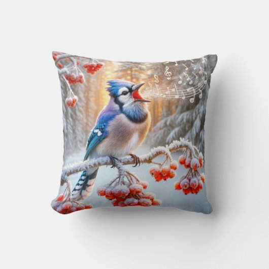 赤いベリーの木で歌う冬の青いジェイ クッション (正面)