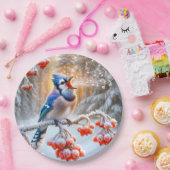 赤いベリーの木で歌う冬の青いジェイ ペーパープレート (パーティー)