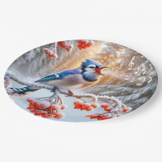 赤いベリーの木で歌う冬の青いジェイ ペーパープレート (アングル)