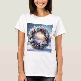 赤いベリーの雪景色のクリスマスリース Tシャツ