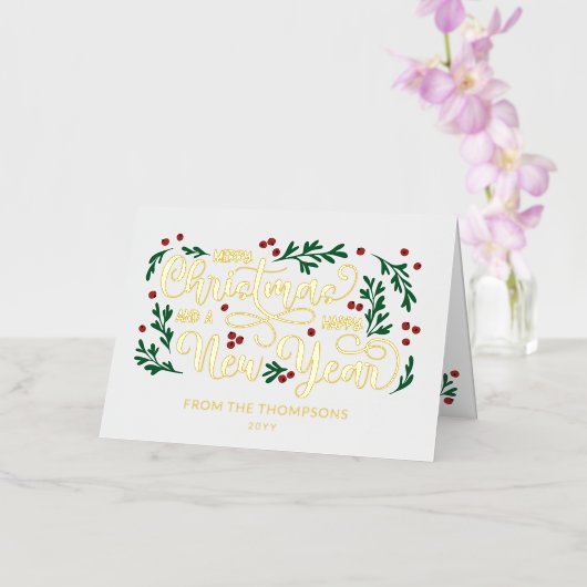 赤いベリー写真メリークリスマスハッピーニューイヤー 箔シーズンカード (蘭)