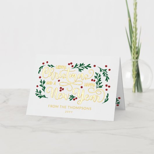 赤いベリー写真メリークリスマスハッピーニューイヤー 箔シーズンカード (正面)