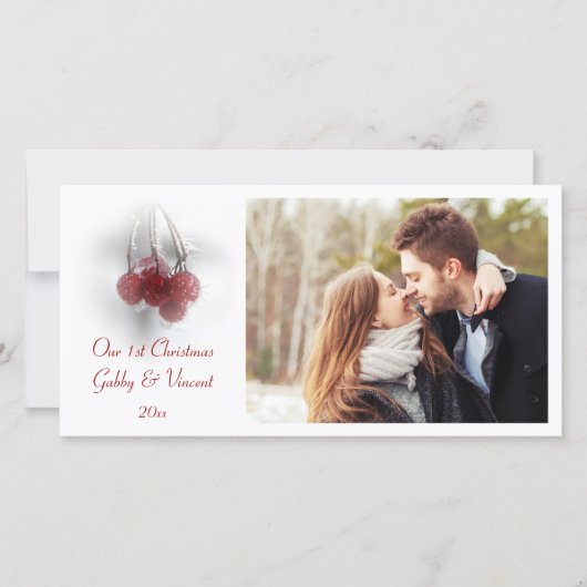 赤いベリー霜の降りた初めてのクリスマスを一緒に シーズンカード (正面)