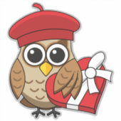 赤いベレー帽とハート箱が可愛いフクロウ シール (正面)