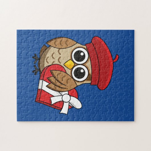 赤いベレー帽とハート箱が可愛いフクロウ ジグソーパズル (横)