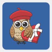 赤いベレー帽とハート箱が可愛いフクロウ スクエアシール (正面)