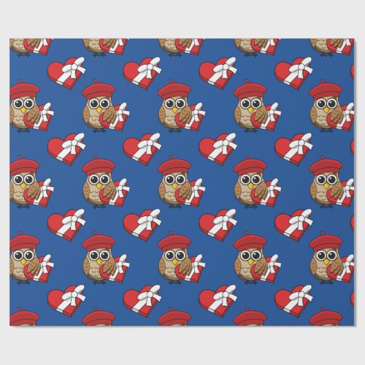 赤いベレー帽とハート箱が可愛いフクロウ ラッピングペーパー (フラット)