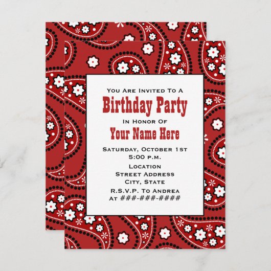 赤いペイズリーのバンダナの刺激を受けたな誕生日の招待状 招待状 (正面/裏面)