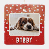赤いペットに白い星の写真名クリスマス セラミックオーナメント (裏面)