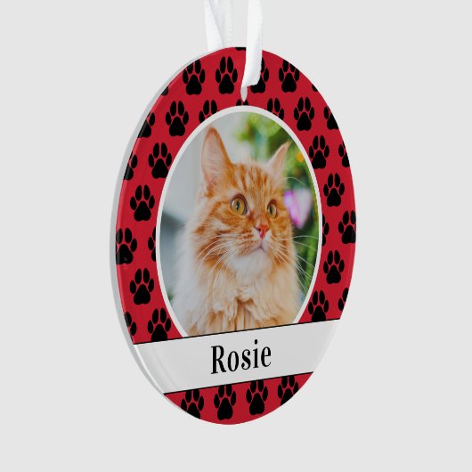 赤いペットの肉柄カスタム猫の名前の写真 オーナメント (正面)