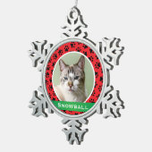赤いペットの肉柄パーソナライズされた猫の名前写真 スノーフレークピューターオーナメント (右)