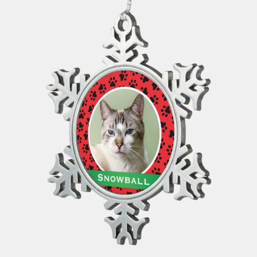 赤いペットの肉柄パーソナライズされた猫の名前写真 スノーフレークピューターオーナメント (右)