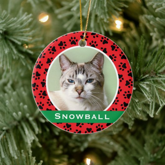 赤いペットの肉柄パーソナライズされた猫の名前写真 セラミックオーナメント (ツリー)