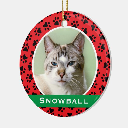 赤いペットの肉柄パーソナライズされた猫の名前写真 セラミックオーナメント (左)