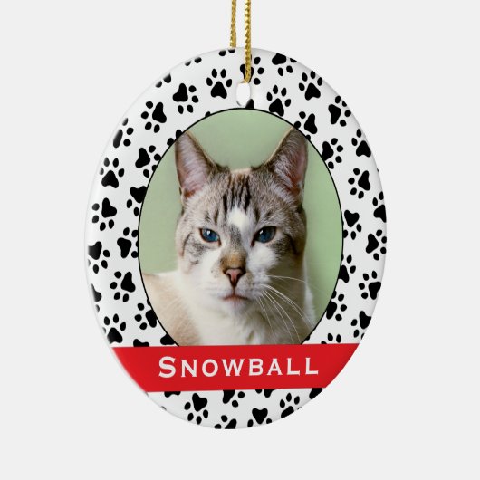 赤いペットの足跡パーソナライズされた猫の名前写真 セラミックオーナメント (右)