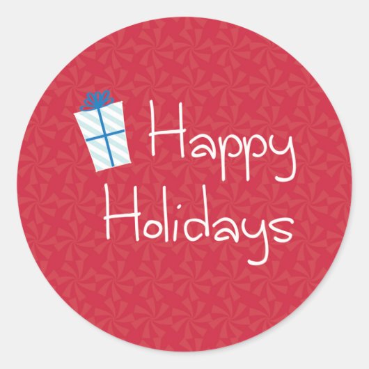 赤いペパーミントの幸せな休日の包まれたなギフト ラウンドシール (正面)