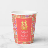 赤いペラナカン花柄のダブル喜 中国結婚式 紙コップ (裏面)