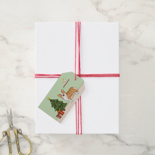 赤いペンブローカウェルシュコーギーの犬とクリスマスツリー ギフトタグ (より糸付き)