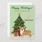 赤いペンブローカウェルシュコーギーの犬とクリスマスツリー シーズンカード (正面/裏面)