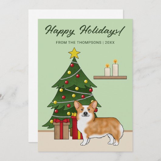 赤いペンブローカウェルシュコーギーの犬とクリスマスツリー シーズンカード (正面/裏面)