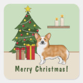 赤いペンブローカウェルシュコーギーの犬とクリスマスツリー スクエアシール (正面)