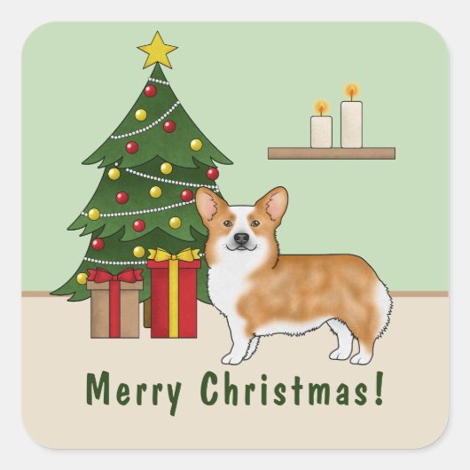 赤いペンブローカウェルシュコーギーの犬とクリスマスツリー スクエアシール (正面)