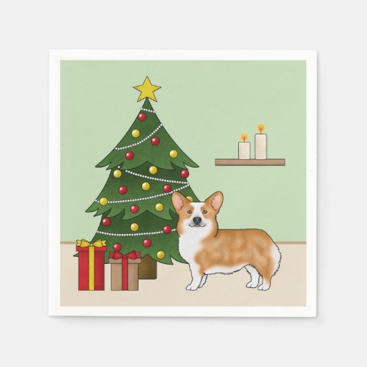 赤いペンブローカウェルシュコーギーの犬とクリスマスツリー スタンダードカクテルナプキン (正面)