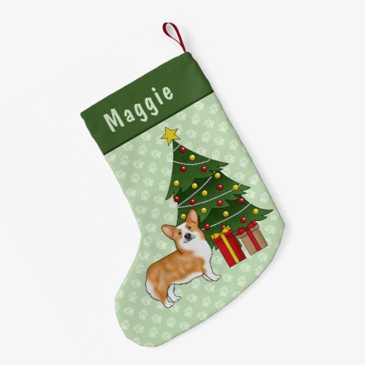 赤いペンブローカウェルシュコーギーの犬とクリスマスツリー スモールクリスマスストッキング (裏面 (吊り時))