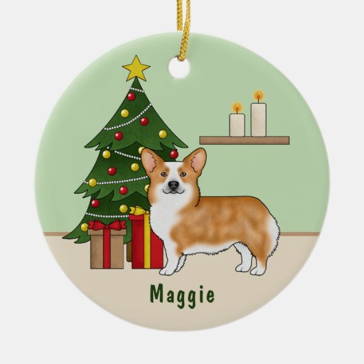 赤いペンブローカウェルシュコーギーの犬とクリスマスツリー セラミックオーナメント (正面)