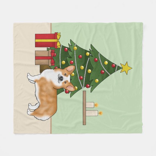 赤いペンブローカウェルシュコーギーの犬とクリスマスツリー フリースブランケット (正面(横))