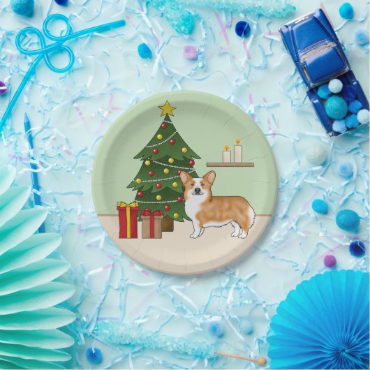 赤いペンブローカウェルシュコーギーの犬とクリスマスツリー ペーパープレート