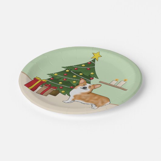 赤いペンブローカウェルシュコーギーの犬とクリスマスツリー ペーパープレート (アングル)