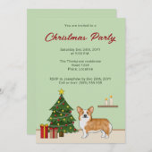 赤いペンブローカウェルシュコーギーの犬とクリスマスツリー 招待状 (正面/裏面)